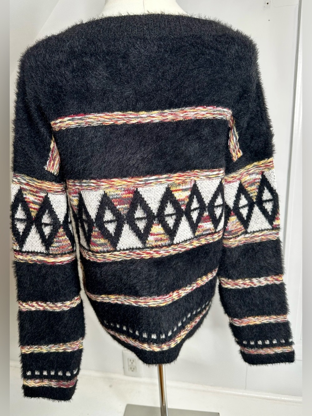 Adoré Paris Arsene Fuzzy Geometric Sweater S/M Oversized Black Boho - Picture 5 of 12